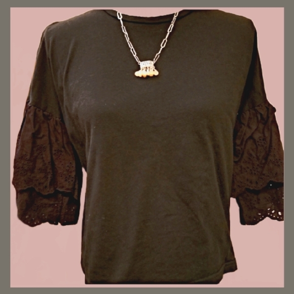 Mustard Seed Black 100% Cotton Eyelet Puffy Layered Sleeve Crop Top - Picture 1 of 10